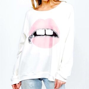 Lauren Moshi Noleta Pink Foil Zipper Mouth White Sweater Women Small 100% Cotton